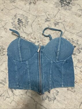 Denim Zip-Front Bustier Crop Top - Blue